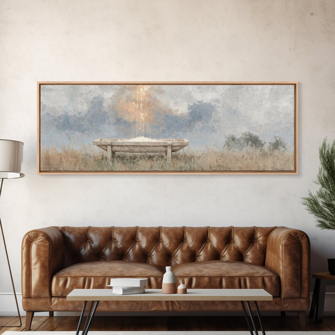 Starborn Manger | Framed Canvas Print | Christmas Wall Art | Christian Christmas Art | Panoramic Frame | Christian Art Canvas | Christmas A