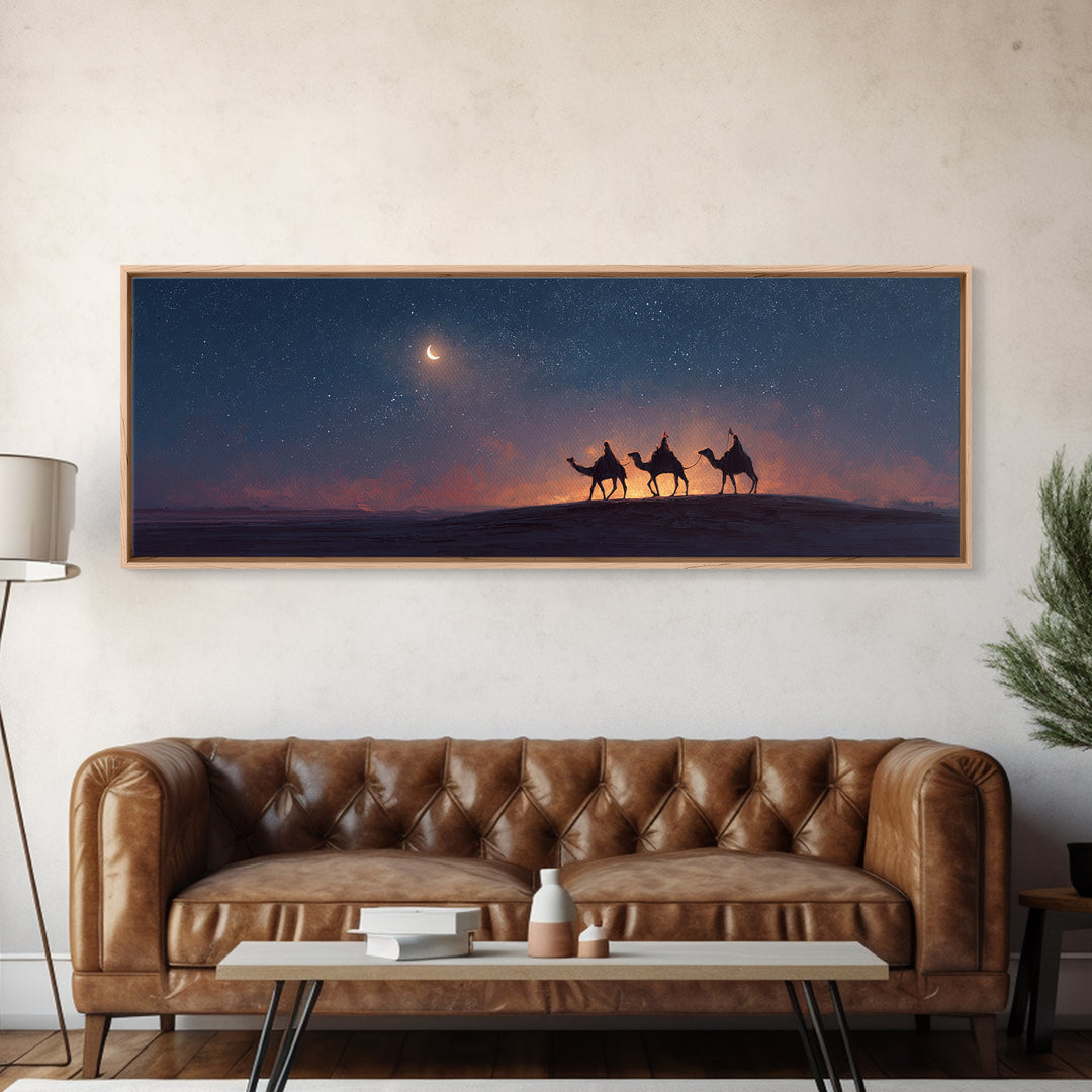 Moonlit Pilgrims – Framed Canvas Print – Extra Wide Art – Christian Wall Art – Christian Art Canvas – Christmas Art – Modern Christian Art