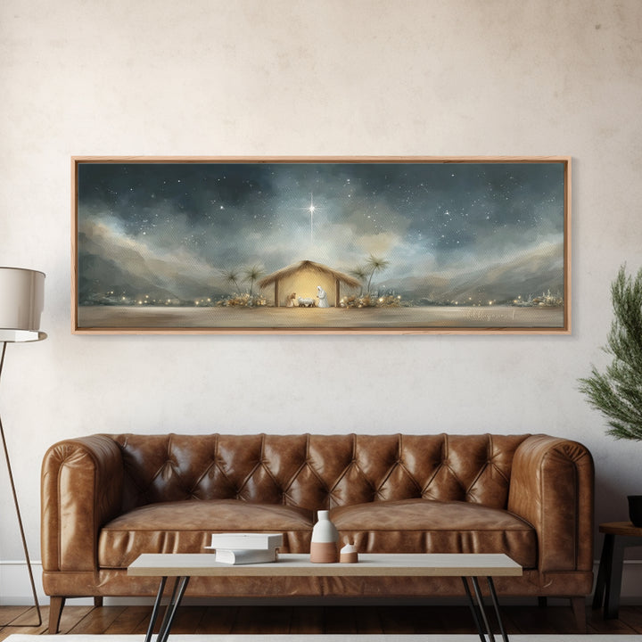 Holy Night Shelter, Framed Canvas Print, Panoramic Wall Art, Christian Art, Christmas Art Prints, Christian Christmas Decor, Jesus Painting