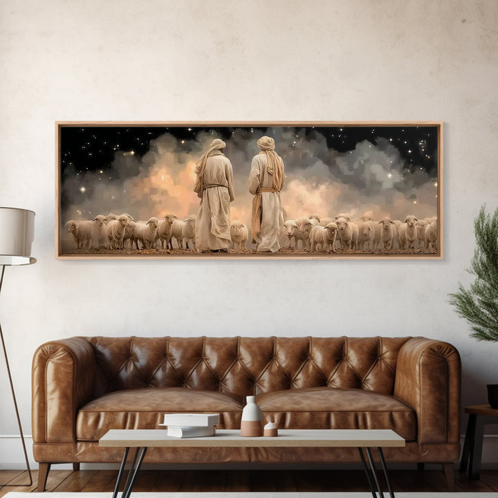 Starry Shepherd Watch – Framed Canvas Print – Panoramic Art – Christian Wall Art – Christian Art Canvas – Christmas Art – Jesus Painting