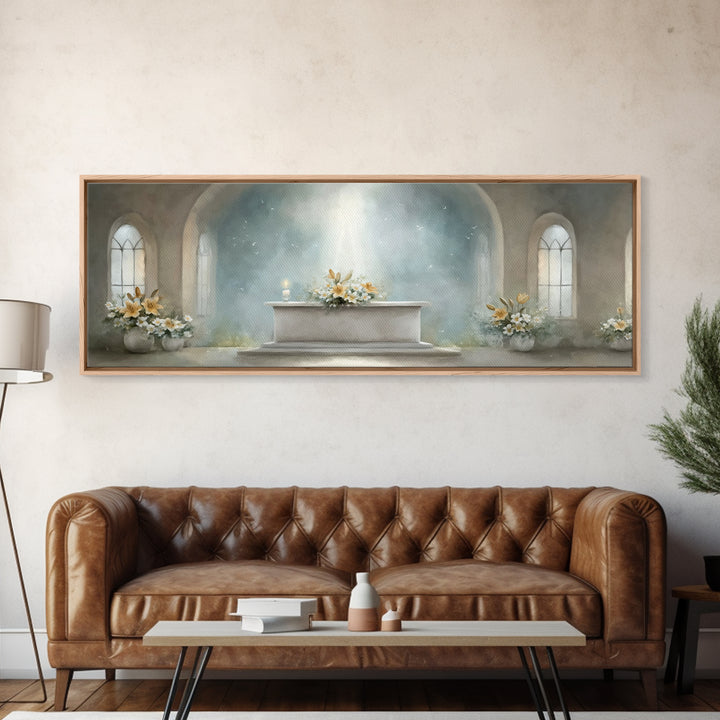 Radiant Sanctuary – Framed Canvas Print – Panoramic Frame – Christian Art Canvas – Christian Wall Art – Christmas Art – Christian Christmas