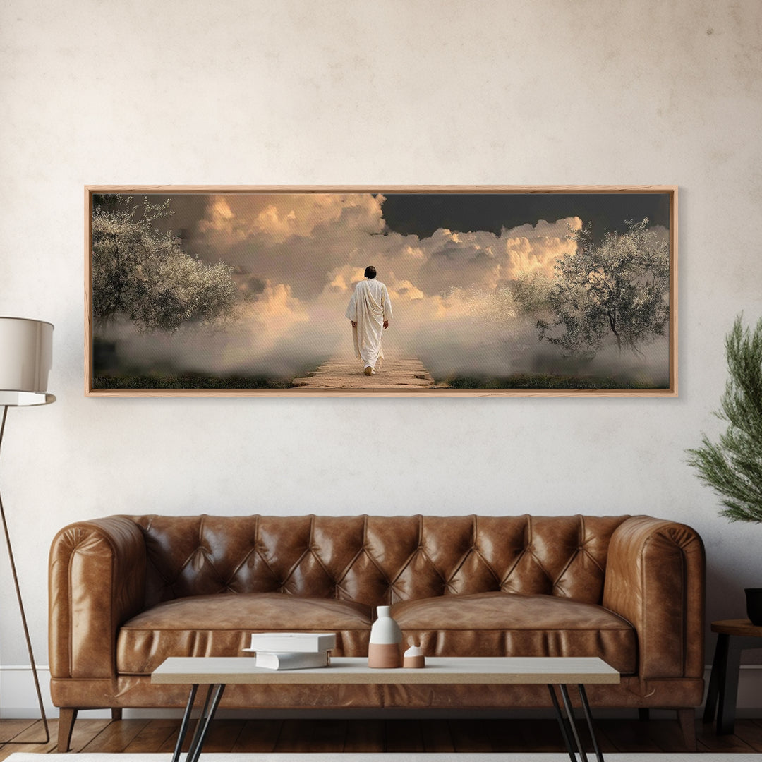 Heavenly Dawn Walk, Framed Canvas Print, Christian Wall Art, Christian Art Canvas, Panoramic Wall Art, Jesus Painting, Christmas Art