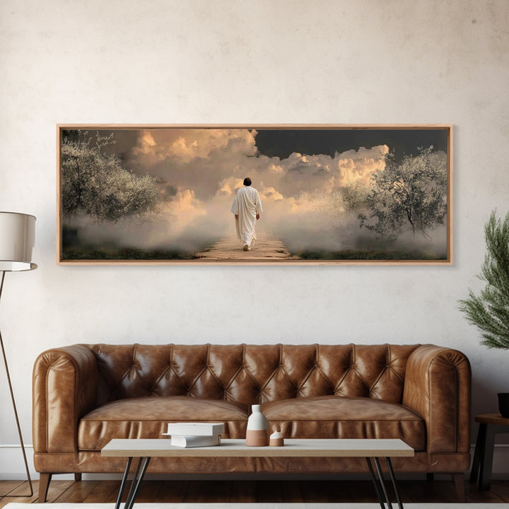 Heavenly Dawn Walk, Framed Canvas Print, Christian Wall Art, Christian Art Canvas, Panoramic Wall Art, Jesus Painting, Christmas Art