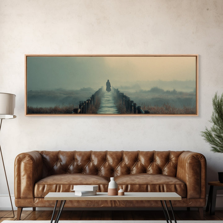 Misty Bridge Journey | Framed Canvas Print | Christian Wall Art | Jesus Painting | Panoramic Art | Christian Art Canvas | Christmas Art