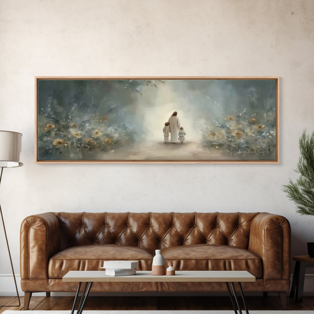Golden Meadow Grace, Framed Canvas Print, Panoramic Wall Art, Christian Art Canvas, Jesus Painting, Christian Christmas Art, Christian Art