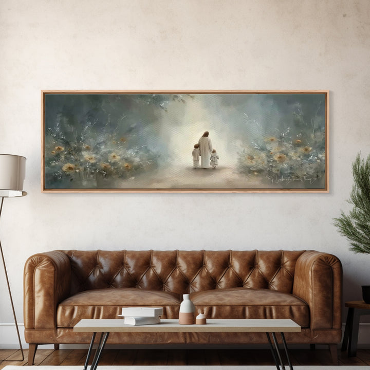 Golden Meadow Grace, Framed Canvas Print, Panoramic Wall Art, Christian Art Canvas, Jesus Painting, Christian Christmas Art, Christian Art