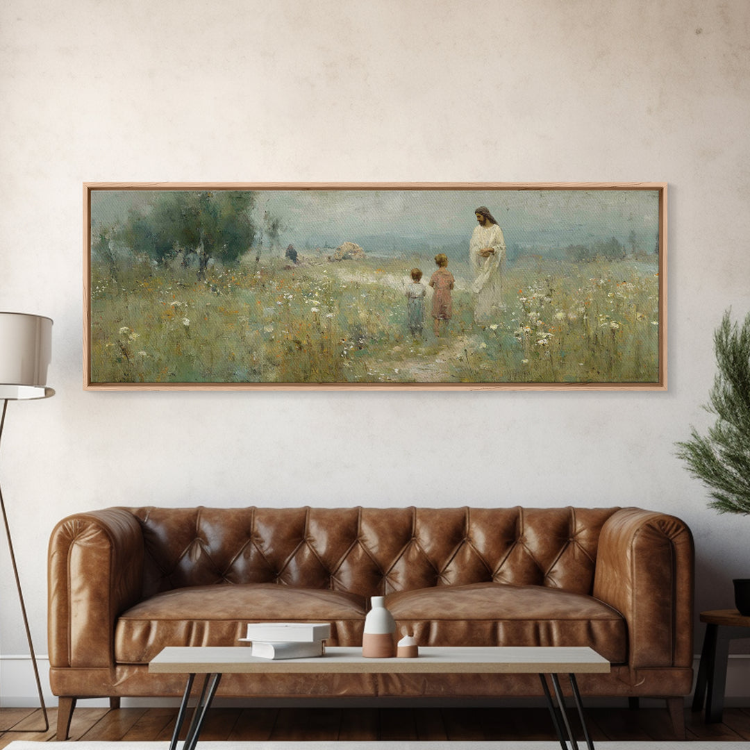 Promise In The Meadow – Framed Canvas Print – Panoramic Art – Christian Wall Art – Christian Art Canvas – Jesus Painting – Christian Art