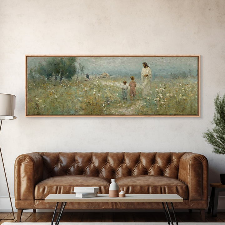 Promise In The Meadow – Framed Canvas Print – Panoramic Art – Christian Wall Art – Christian Art Canvas – Jesus Painting – Christian Art