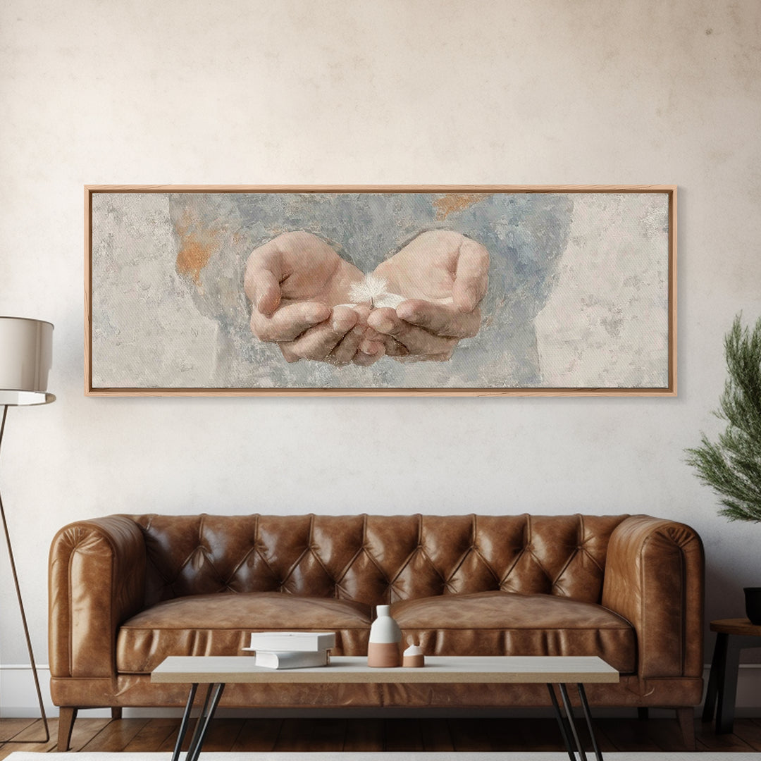 Hands Of Mercy | Framed Canvas Print | Panoramic Painting | Christian Art | Christian Art Canvas | Christian Gift Ideas | Minimalist Christ
