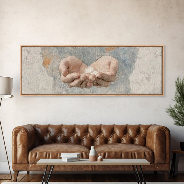 Hands Of Mercy | Framed Canvas Print | Panoramic Painting | Christian Art | Christian Art Canvas | Christian Gift Ideas | Minimalist Christ