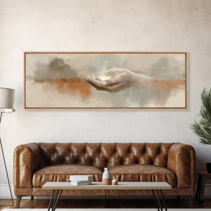 Grace In His Hands, Framed Canvas Print, Panoramic Wall Art, Christian Art Prints, Modern Christian Art, Jesus Art Print, Christian Decor