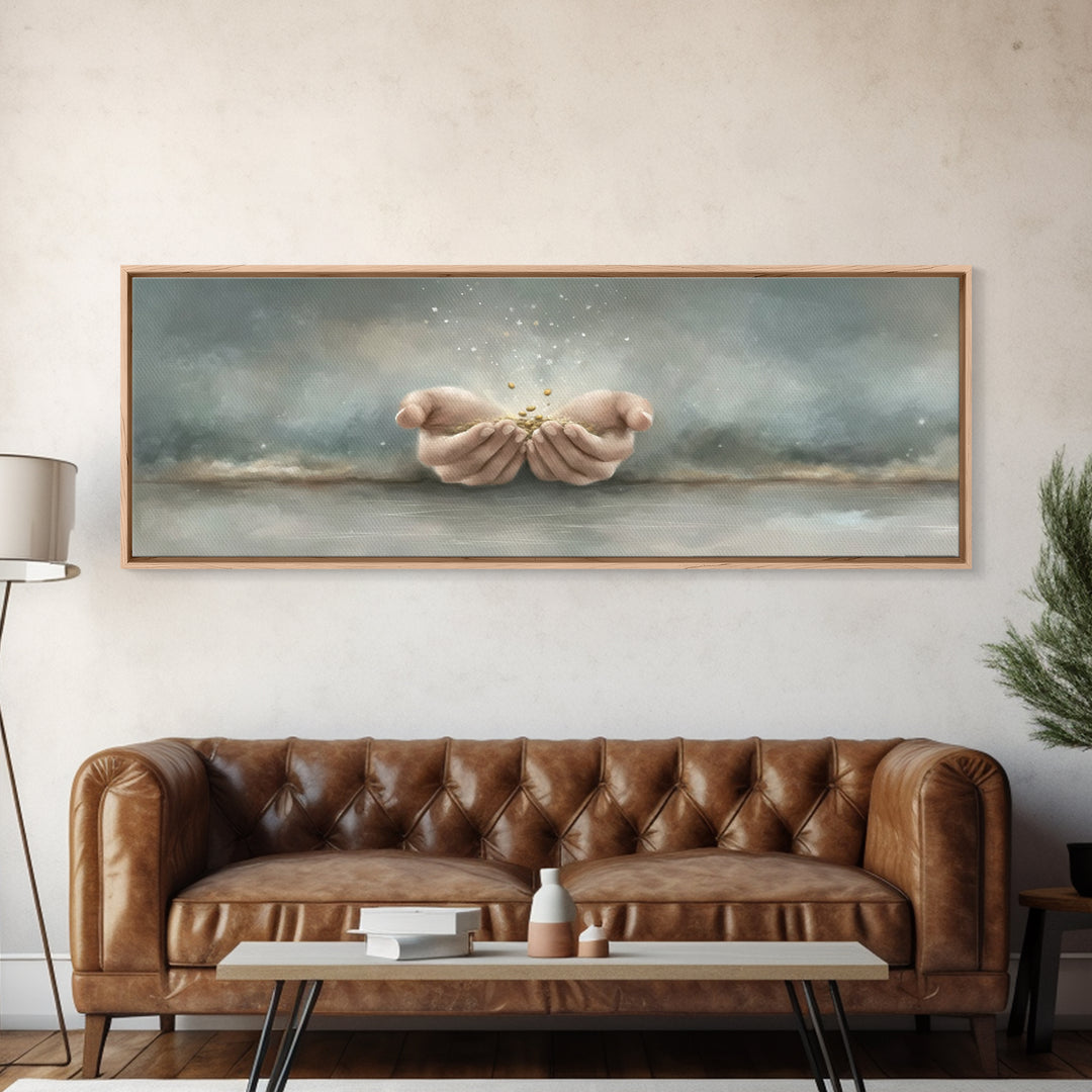 Miracle In His Hands | Framed Canvas Print | Panoramic Wall Art | Christian Art Canvas | Christian Gift | Jesus Painting | Modern Christian