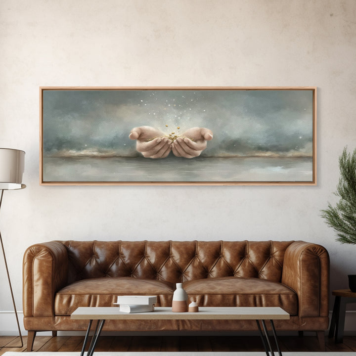 Miracle In His Hands | Framed Canvas Print | Panoramic Wall Art | Christian Art Canvas | Christian Gift | Jesus Painting | Modern Christian