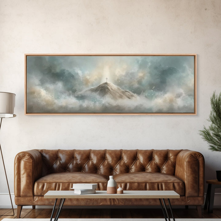 Peaceful Crossrise, Framed Canvas Print, Christian Art Print, Panoramic Painting, Christian Wall Art, Subtle Christian Art, Christian Gift