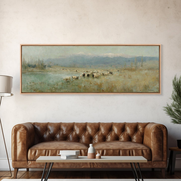 Shepherds At Dawn, Framed Canvas Print, Christian Wall Art, Panoramic Frame, Christian Art Canvas, Subtle Christian Art, Christian Home Dec