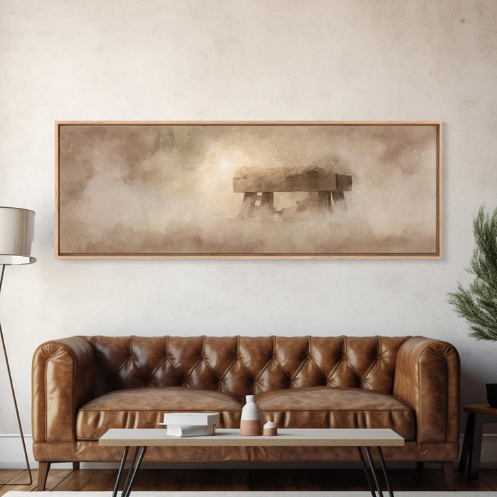 Manger Light Glory, Framed Canvas Print, Christian Art Canvas, Christian Wall Art, Panoramic Painting, Christmas Art Prints, Christian Deco