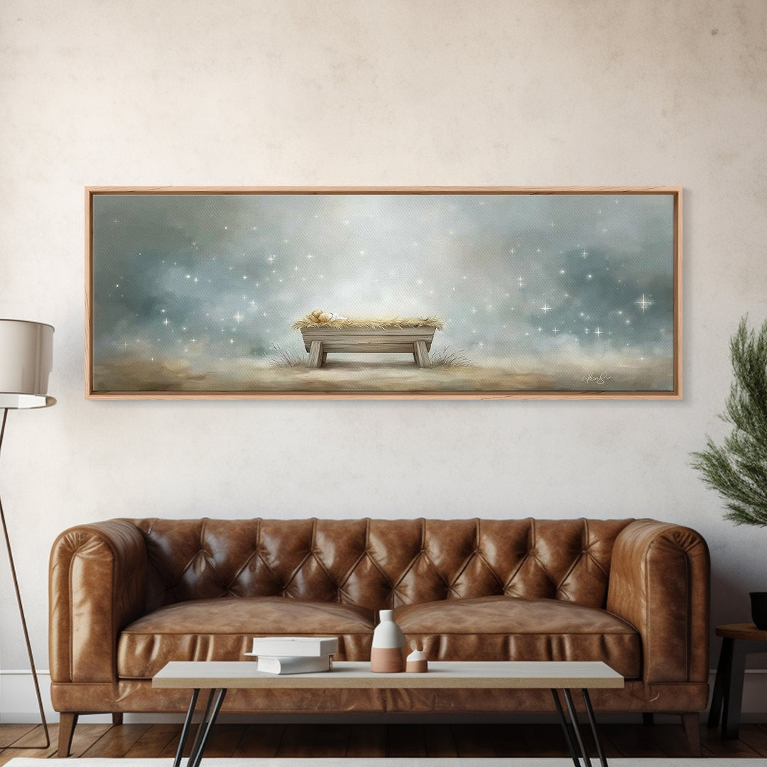 Starry Night Manger, Framed Canvas Print, Christian Christmas Art, Panoramic Art, Christian Wall Art, Jesus Painting