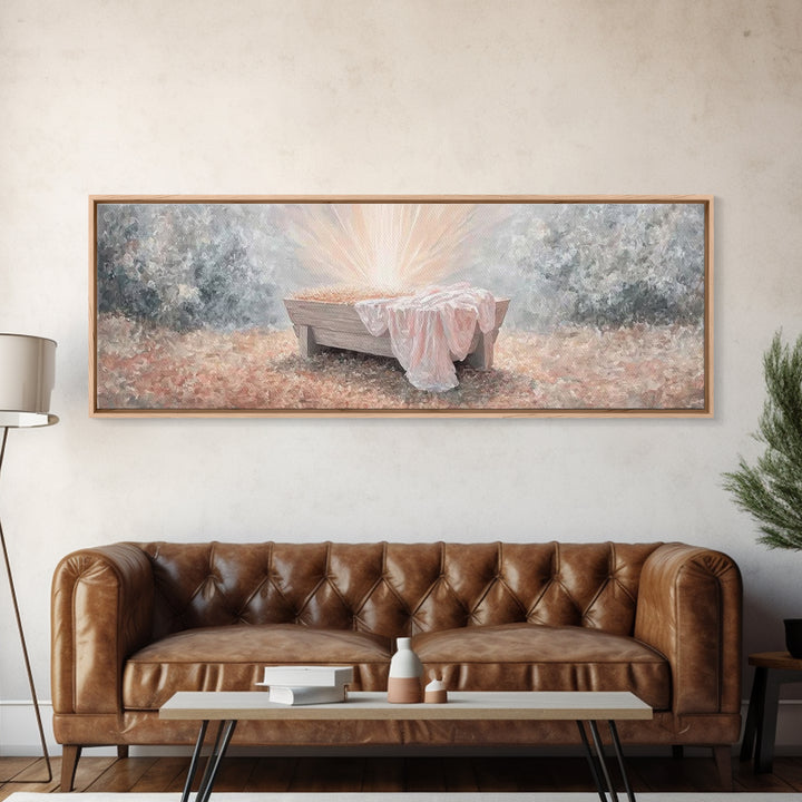Radiant Manger Joy | Framed Canvas Print | Christian Art Canvas | Panoramic Wall Art | Christmas Wall Art | Christian Decor