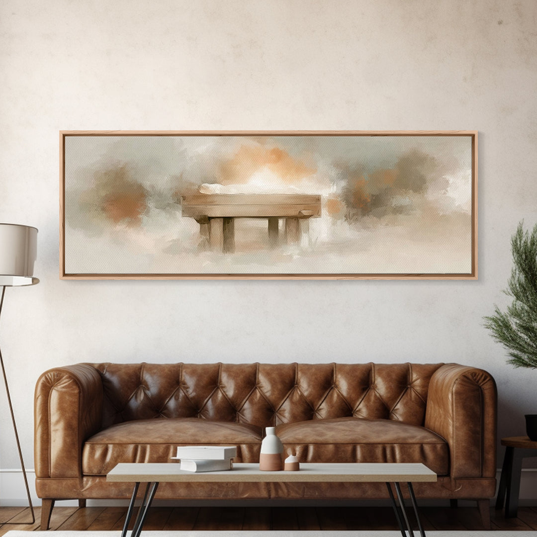 Humble Birth Glow - Framed Canvas Print - Christian Wall Art - Panoramic Painting - Christian Gift - Jesus Painting