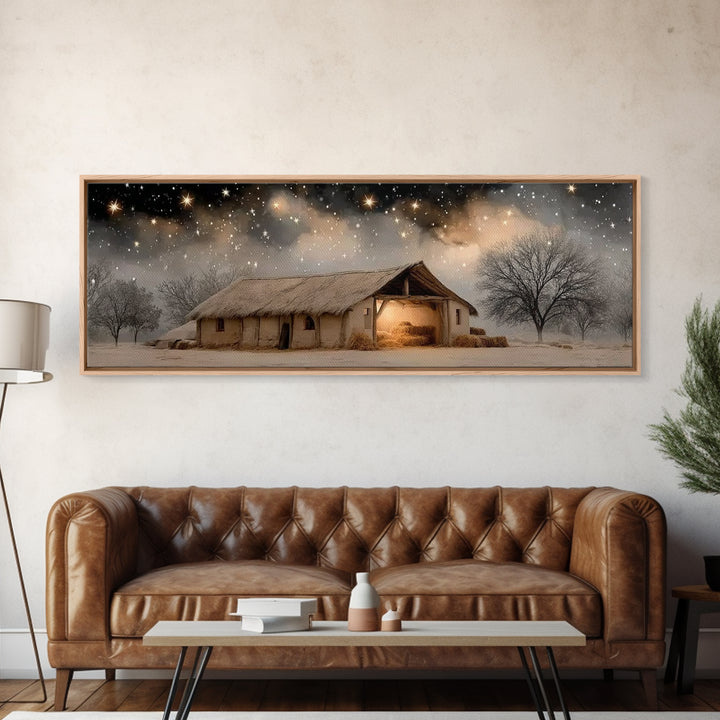 Starry Stable Night – Framed Canvas Print – Christian Christmas Art – Panoramic Painting – Christmas Wall Art – Christian Decor