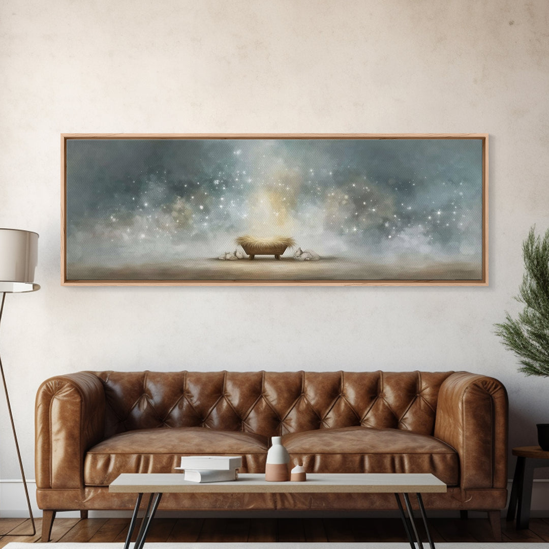 Heavenly Cradle Light, Framed Canvas Print, Panoramic Art, Christian Wall Art, Christmas Art Prints, Christian Art Canvas
