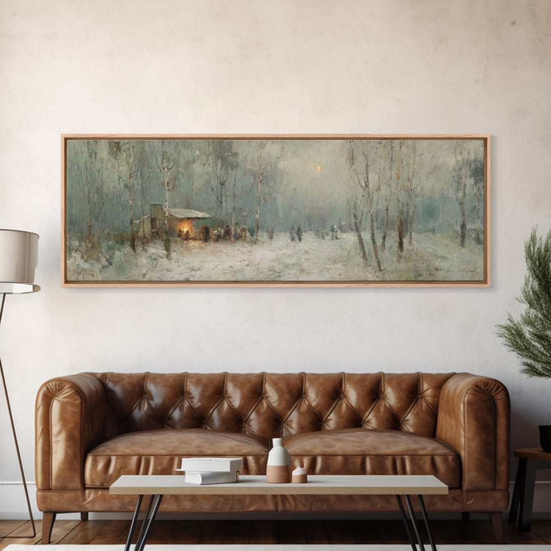 Winter Gathering Glow | Framed Canvas Print | Christian Wall Art | Panoramic Print | Christmas Art | Christian Gift Ideas