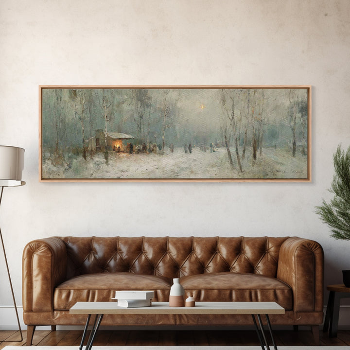 Winter Gathering Glow | Framed Canvas Print | Christian Wall Art | Panoramic Print | Christmas Art | Christian Gift Ideas