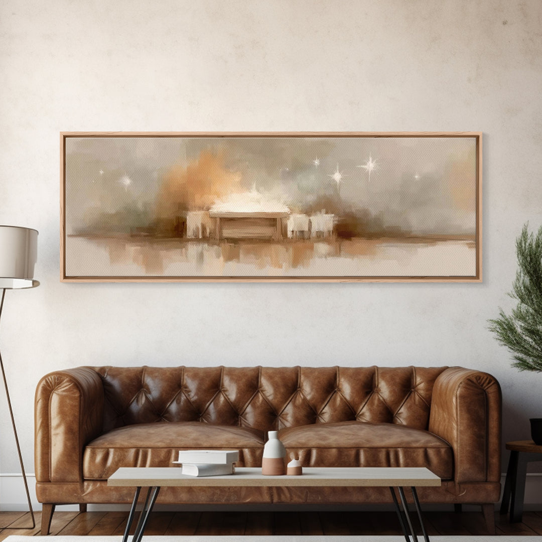 Holy Nativity Light, Framed Canvas Print, Christian Art Canvas, Panoramic Wall Art, Christmas Art, Christian Christmas Decor