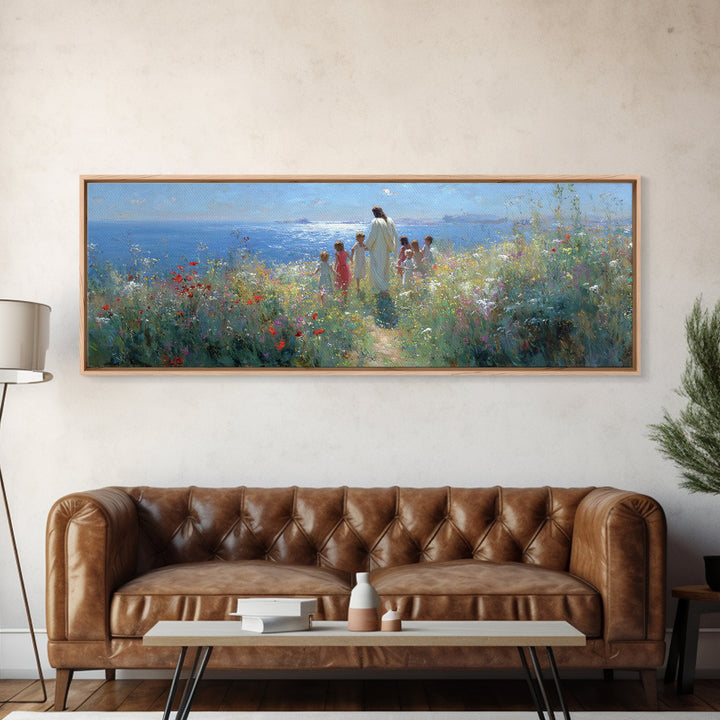 Gentle Dawn Presence | Framed Canvas Print | Christian Wall Art | Panoramic Painting | Christian Art Print | Jesus Painting