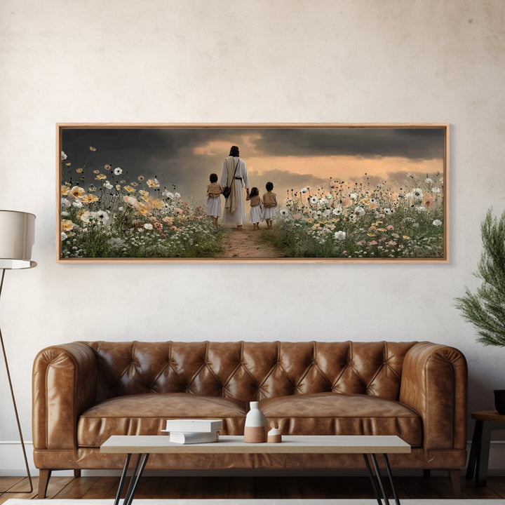 Children Of His Path, Framed Canvas Print, Panoramic Wall Art, Christian Art Canvas, Jesus Painting, Christian Decor For Home