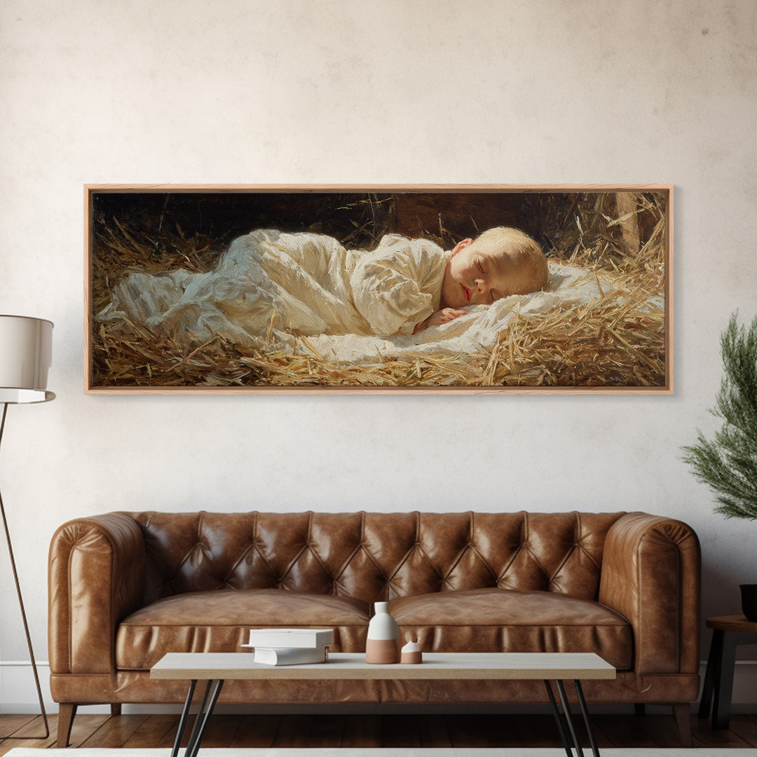 Manger Peace Glow | Framed Canvas Print | Panoramic Painting | Christian Christmas Art | Jesus Art Print | Christmas Wall Art
