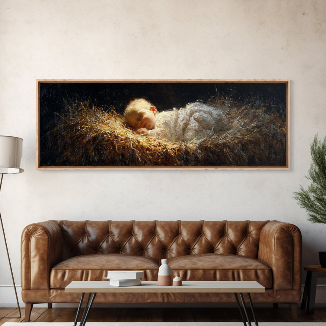 Divine Infant Rest - Framed Canvas Print - Christian Christmas Art - Panoramic Art - Christmas Wall Art - Jesus Painting