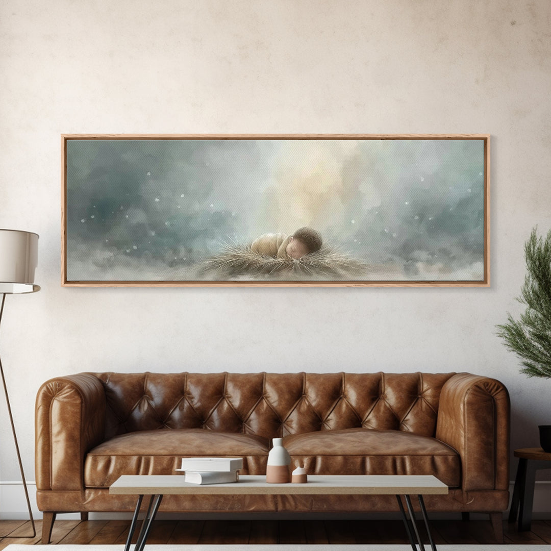 Heaven’s Gentle Gift – Framed Canvas Print – Panoramic Art – Christian Christmas Art – Christian Wall Art – Jesus Art Print