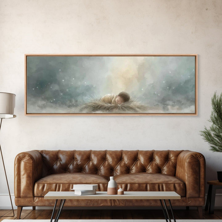 Heaven’s Gentle Gift – Framed Canvas Print – Panoramic Art – Christian Christmas Art – Christian Wall Art – Jesus Art Print