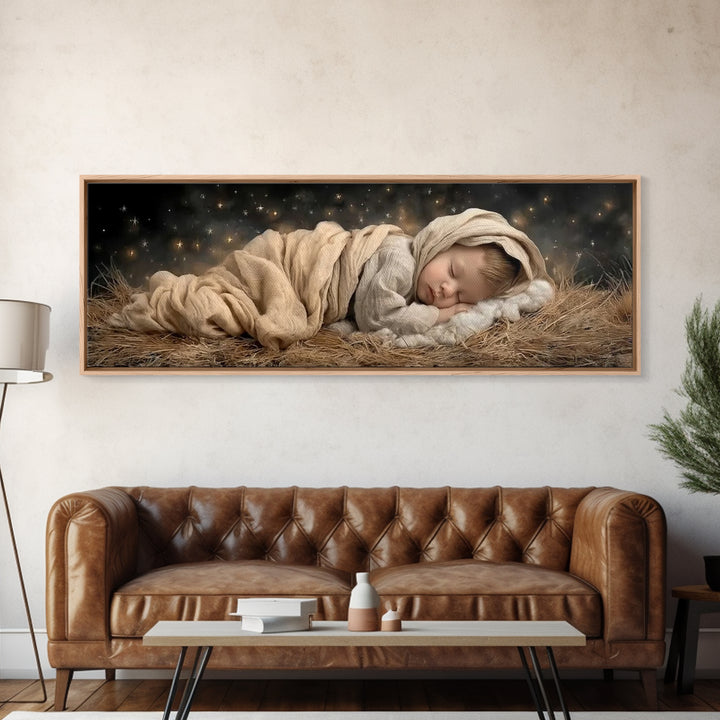 Silent Manger Peace | Framed Canvas Print | Christian Art Canvas | Christmas Wall Art | Jesus Christmas Art | Panoramic Painting | Christia