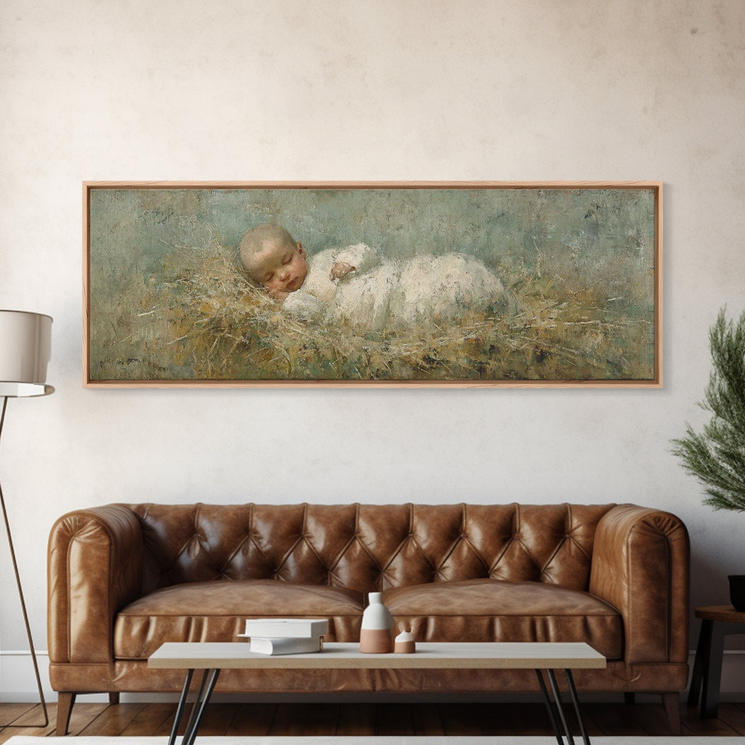 Holy Night Cradle, Framed Canvas Print, Christian Wall Art, Subtle Christian Art, Christian Christmas Art, Panoramic Wall Art, Christian De