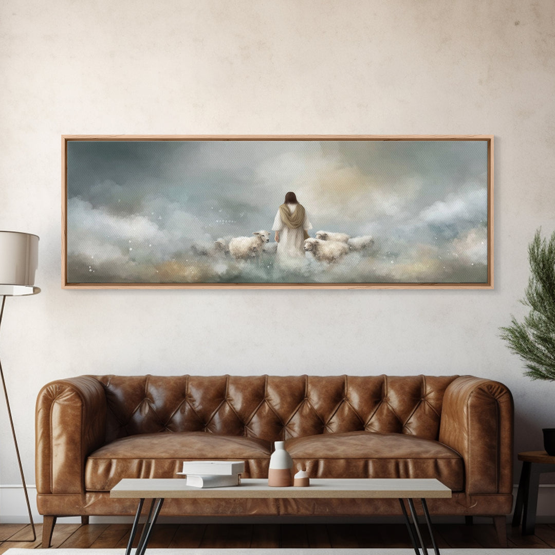 The Gentle Shepherd, Framed Canvas Print, Christian Art Canvas, Jesus Painting, Christian Wall Art, Panoramic Painting, Christian Gift Idea