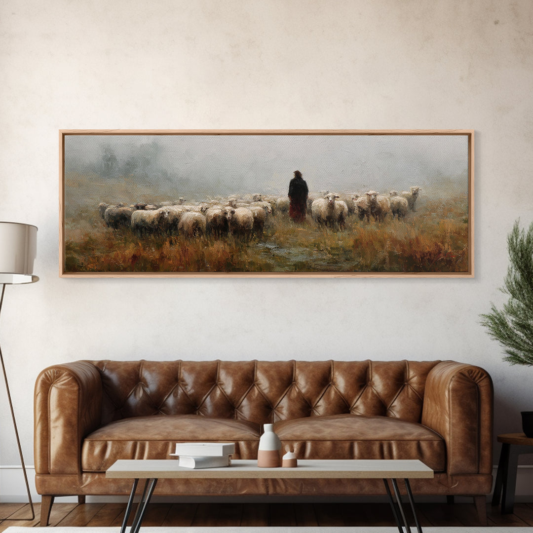 Fields Of His Care – Framed Canvas Print – Christian Art Print – Christian Wall Art – Jesus Painting – Panoramic Wall Art – Christian Chris