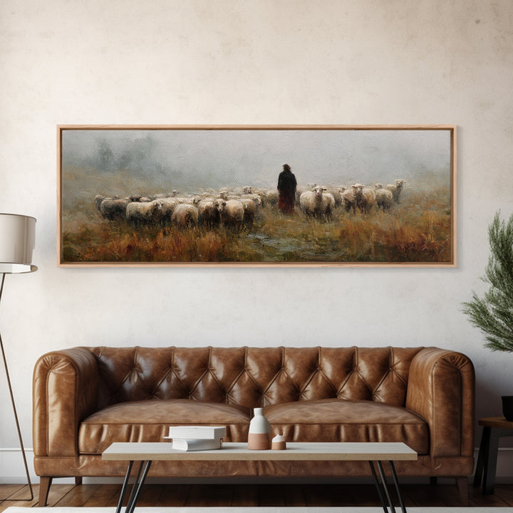 Fields Of His Care – Framed Canvas Print – Christian Art Print – Christian Wall Art – Jesus Painting – Panoramic Wall Art – Christian Chris