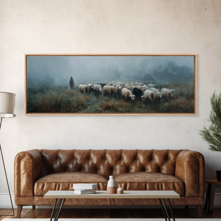 Morning Flock Grace – Framed Canvas Print – Christian Wall Art – Christian Art Canvas – Pastoral Scenery – Panoramic Art – Christian Gift I