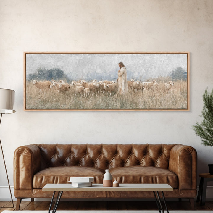 Gentle Shepherd Light | Framed Canvas Print | Panoramic Art | Christian Wall Art | Jesus Painting | Christmas Art