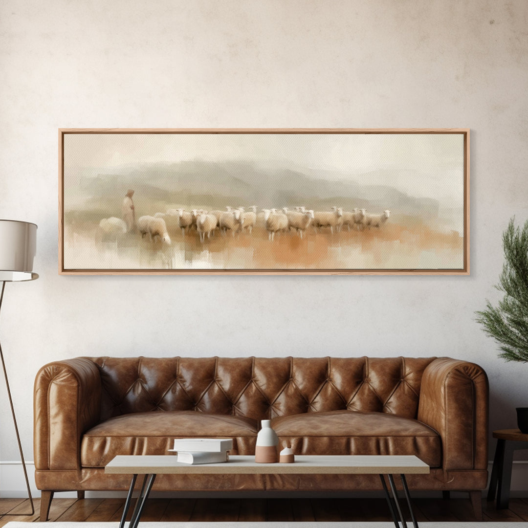 Morning Shepherd Peace, Framed Canvas Print, Panoramic Print, Christian Wall Art, Jesus Painting, Christmas Art
