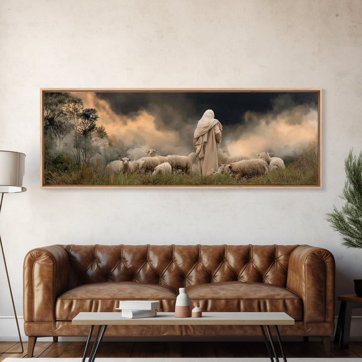 Shepherd’s Calm Dawn – Framed Canvas Print – Panoramic Art – Christian Art – Jesus Painting – Christmas Wall Art