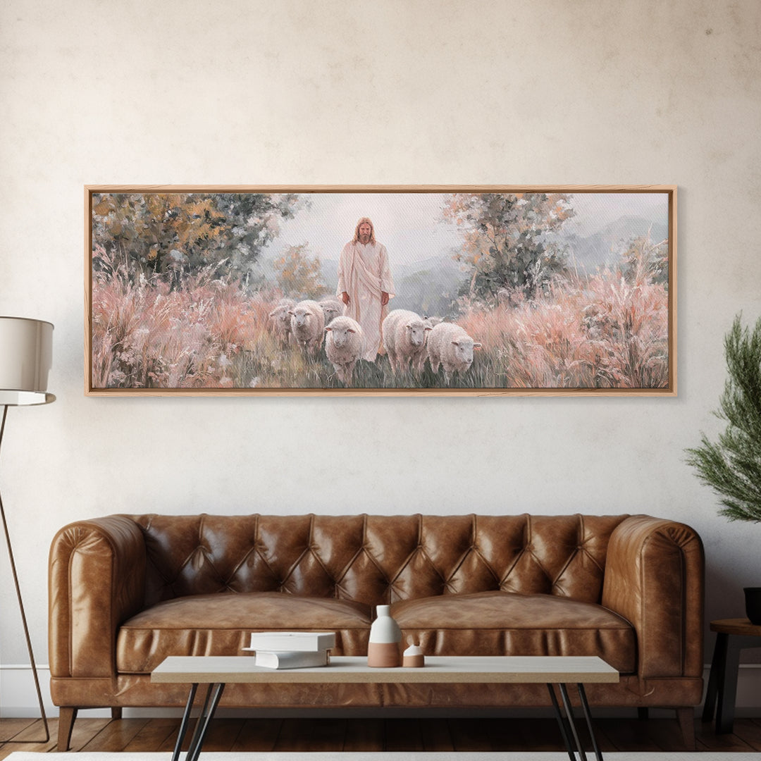 Everlasting Pasture, Framed Canvas Print, Panoramic Wall Art, Christian Art Canvas, Jesus Painting, Christmas Art