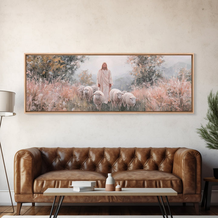 Everlasting Pasture, Framed Canvas Print, Panoramic Wall Art, Christian Art Canvas, Jesus Painting, Christmas Art