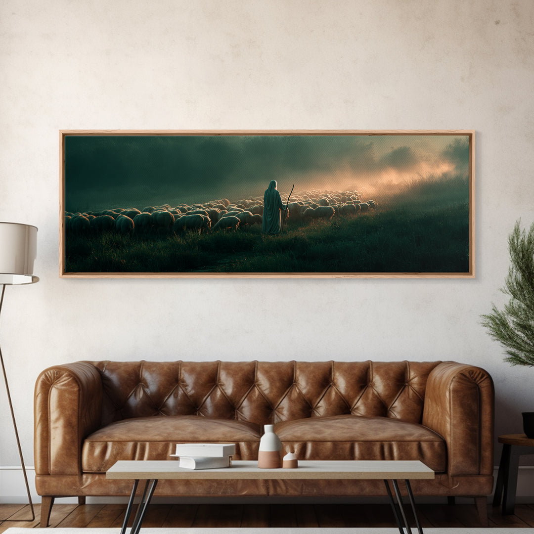 Shepherd’s Gentle Path | Framed Canvas Print | Panoramic Frame | Christian Art | Jesus Painting | Christmas Art