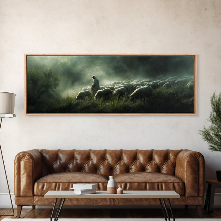 Haven Of The Shepherd, Framed Canvas Print, Panoramic Art, Christian Art Canvas, Jesus Painting, Christmas Decor