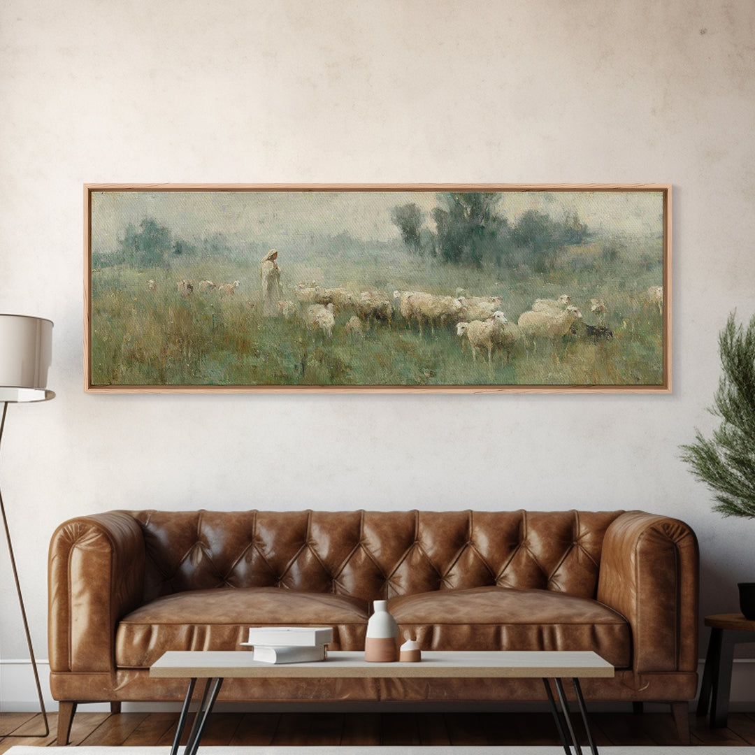 Meadow Of Guidance | Framed Canvas Print | Panoramic Wall Art | Christian Art | Jesus Painting | Christmas Art