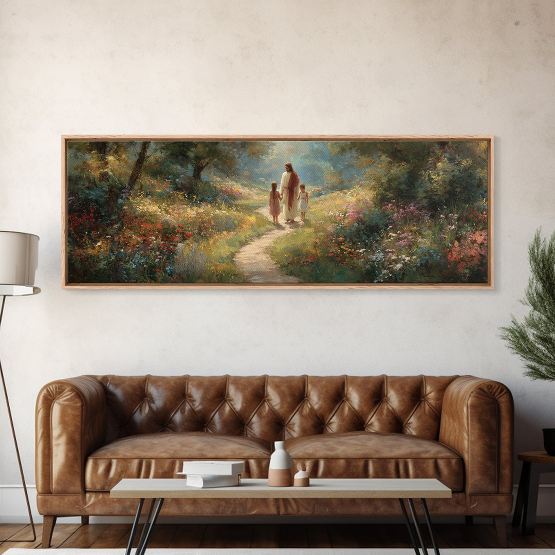 Sunlit Garden Peace – Framed Canvas Print – Panoramic Art – Jesus Painting – Christian Wall Art – Christian Art Print