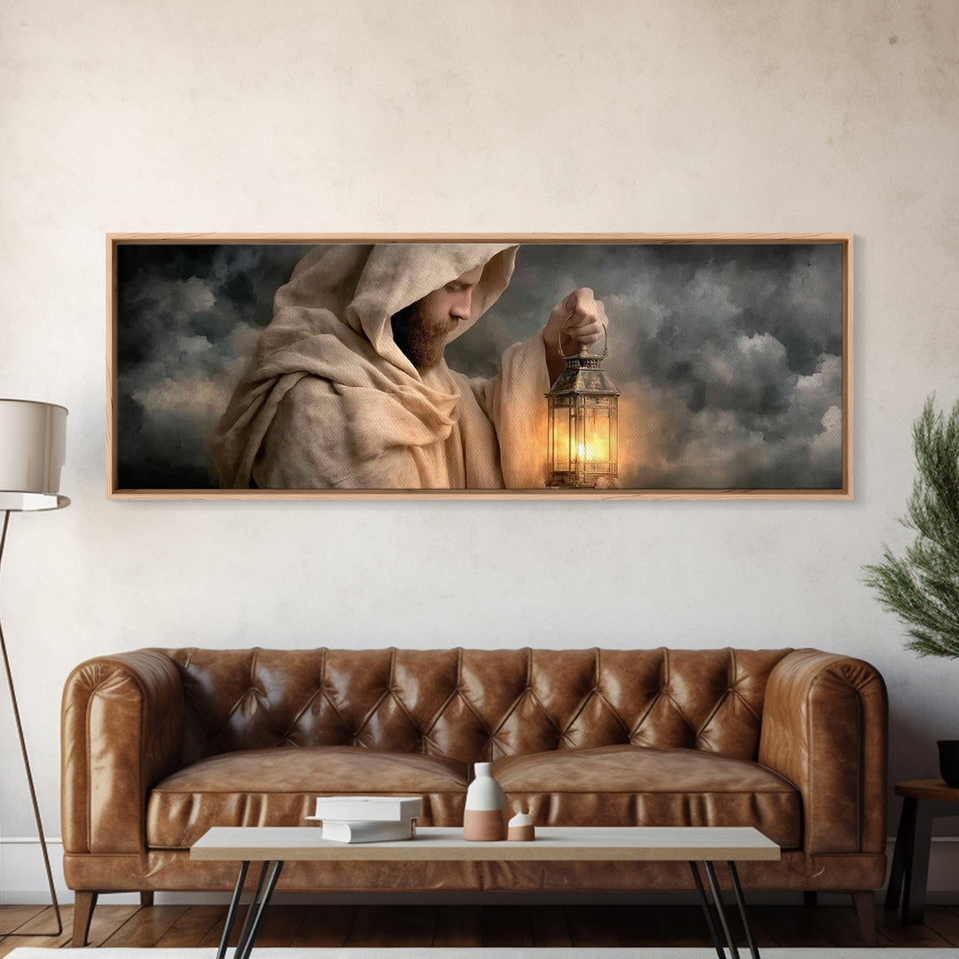 Sacred Lantern Light – Framed Canvas Print – Christian Wall Art – Panoramic Painting – Jesus Painting – Christian Art Canvas – Christian De